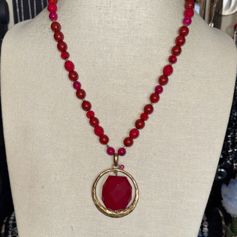 Chicos Red Glass Beaded Pendant Necklace